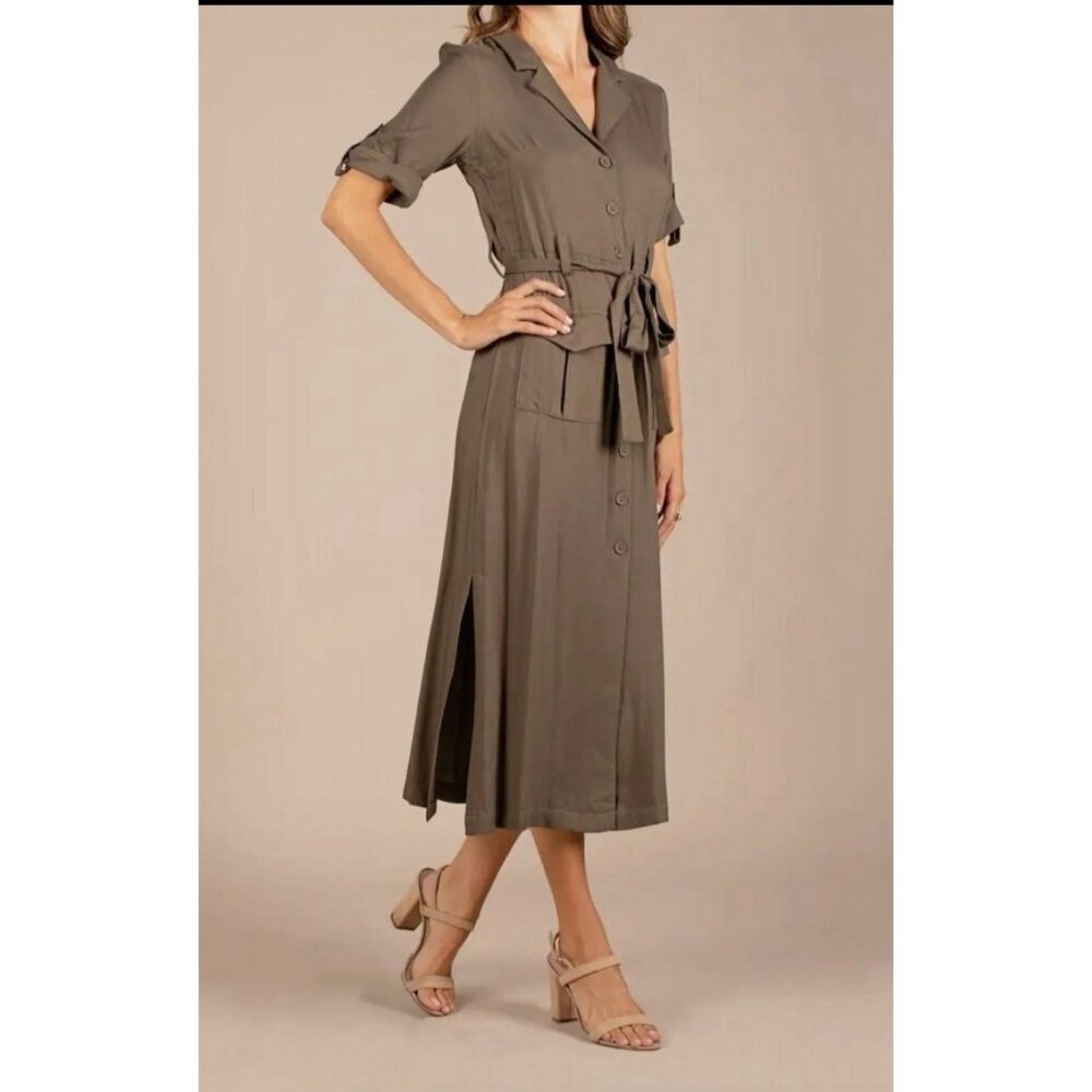 NEW All Row Brown Shirt Midi Dress Women Large Short Sleeve Button Front Neutral